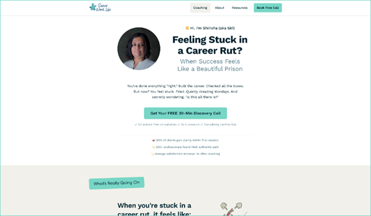 Saner Work Life, a premium coaching website built by The Webcrafters